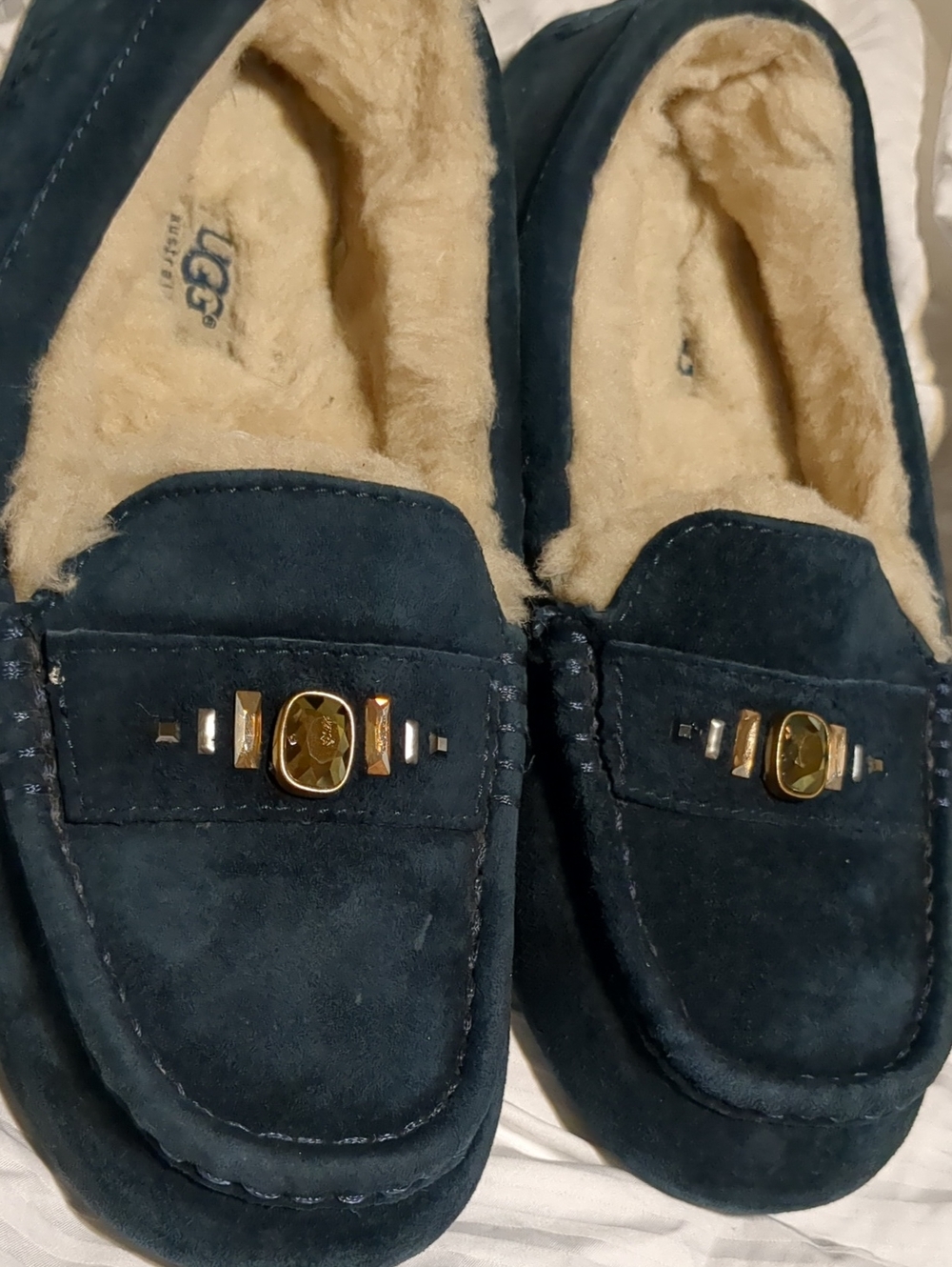 UGG Navy Suede Shearling-Lined Moccasin with Jeweled trim Ladies 8